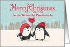 Custom Snowy Christmas For Expecting Parents Penguins Heart Balloon card