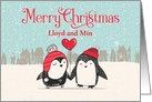 Custom Name Snowy Christmas Couple Penguins Holding a Heart Balloon card