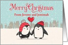Custom Name Snowy Christmas Couple Penguins Holding a Heart Balloon card