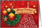 Custom For School Clerk Merry Christmas, Wreath, Bauble, Star card