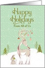 Custom From All of Us Happy Holidays Deer Bunny Robin Snowy Scene card