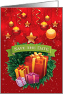 Illustrated Save the Date Christmas Party, Wreath, Gifts, Stars card