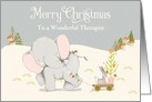 Custom Merry Christmas For Therapist, Elephant with Bunny on Cart card
