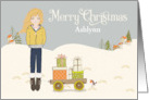 Custom Name Christmas Curly Haired Blonde Girl in Winter with Gifts card