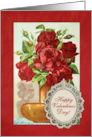 Illustrated Vintage Happy Valentine’s Day Red Roses with Buds in Vase card
