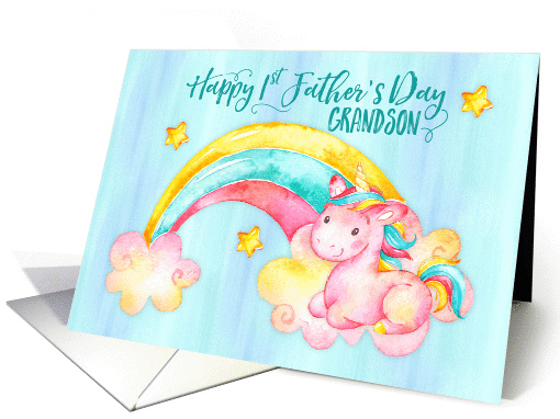 Rainbow Unicorn Watercolor Effect Grandson's 1st Father's Day card