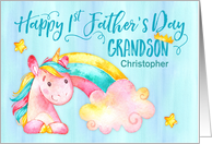 Custom Rainbow Unicorn Watercolor Effect Grandson’s 1st Father’s Day card