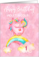 Custom Name and Age Unicorn on Rainbow Watercolor Effect Birthday card