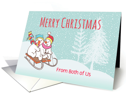 Custom Illustrated Snowy Christmas Snowmen Sleighing Downhill card