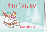 Custom Illustrated Snowy Christmas Snowmen Sleighing Downhill card