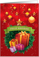 Illustrated Spanish Sparkle Christmas Wreath, Gifts, Ribbons, Stars card
