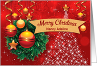 Illustrated Custom Merry Christmas Nanny, Wreath, Bauble, Star card