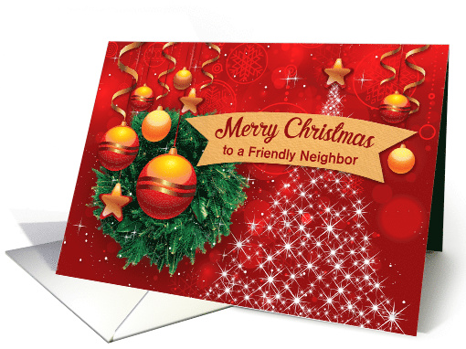 Illustrated Custom Merry Christmas Neighbor, Wreath, Bauble, Star card