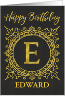 Illustrated Custom Happy Birthday Gold Foil Effect Monogram E card