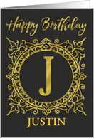 Illustrated Custom Happy Birthday Gold Foil Effect Monogram J card