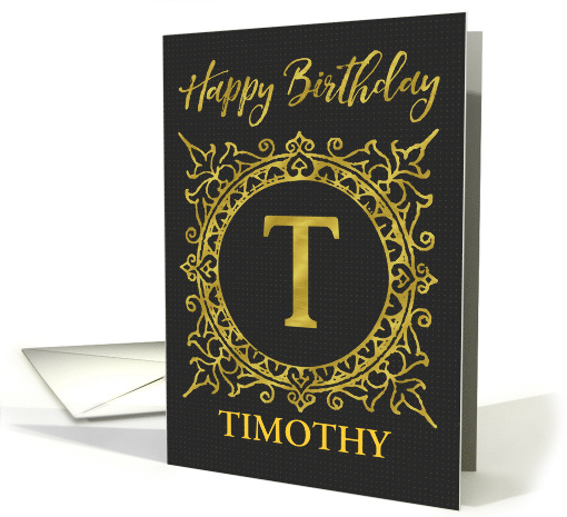 Illustrated Custom Happy Birthday Gold Foil Effect Monogram T card