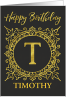 Illustrated Custom Happy Birthday Gold Foil Effect Monogram T card