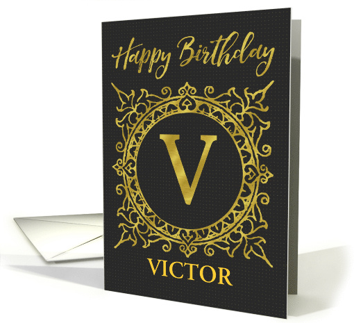 Illustrated Custom Happy Birthday Gold Foil Effect Monogram V card