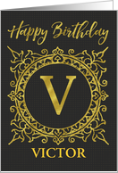 Illustrated Custom Happy Birthday Gold Foil Effect Monogram V card