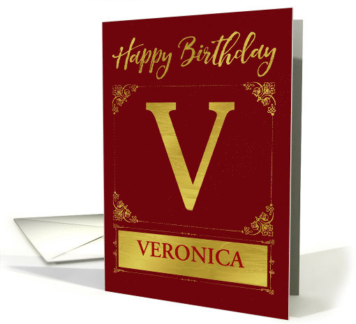 Illustrated Custom Happy Birthday Gold Foil Effect Monogram V card
