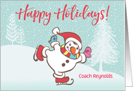 Custom Illustrated Snowy Christmas Skating Snowman To Coach card
