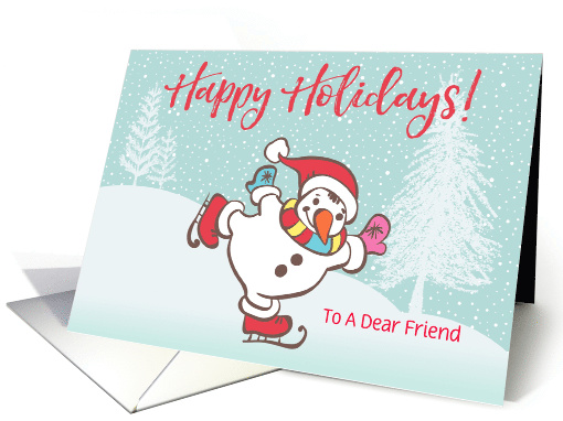 Custom Illustrated Snowy Christmas Skating Snowman For A Friend card