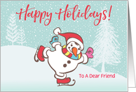 Custom Illustrated Snowy Christmas Skating Snowman For A Friend card
