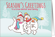 Custom Illustrated Snowy Christmas Snowmen To a Mentor and Family card