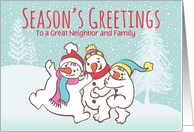 Custom Illustrated Snowy Christmas Snowmen To a Neighbor and Family card