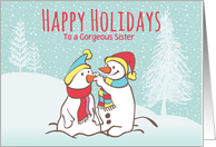 Custom Illustrated Snowy Christmas Two Snowmen For Sister card