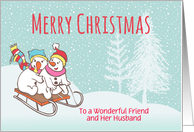 Custom Christmas Snowmen Sleighing Downhill For Friend and Husband card
