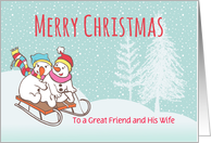 Custom Christmas Snowmen Sleighing Downhill For Friend and Wife card