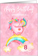 Custom Unicorn on Rainbow Watercolor Effect Birthday For Grandniece card