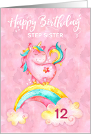 Custom Unicorn on Rainbow Watercolor Effect Birthday For Step Sister card
