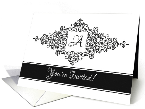 Flourish Frame Black and White Invitation with Monogram Letter A card
