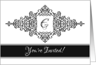 Flourish Frame Black and White Invitation with Monogram Letter E card