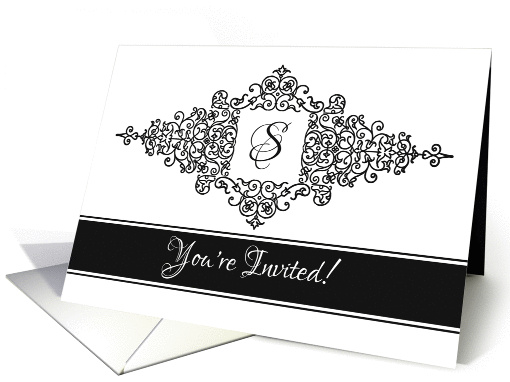 Flourish Frame Black and White Invitation with Monogram Letter S card