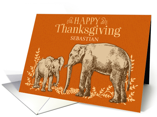 Custom Illustrated Adult and Young Elephants Happy Thankgiving card