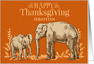 Custom Illustrated Adult and Young Elephants Happy Thankgiving card