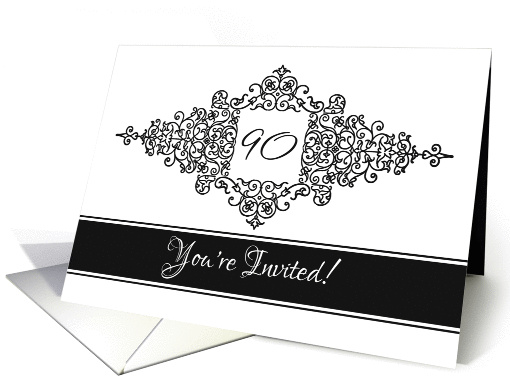 Flourish Frame Black and White Invitation 90th Birthday card (1446196)