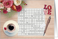 Crossword Puzzle Engagement Congratulations with Flowers, Cup, Pen card
