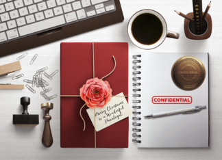 Christmas for Paralegal with Stamp, Notebook, Gift, Keyboard, Coffee