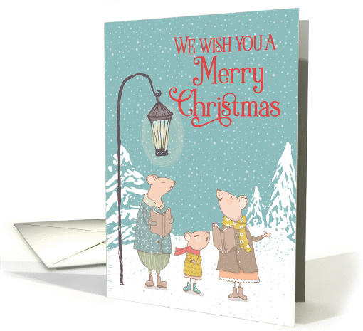 Snowy Merry Christmas Family of Singing Mice Wearing Scarf, Books card