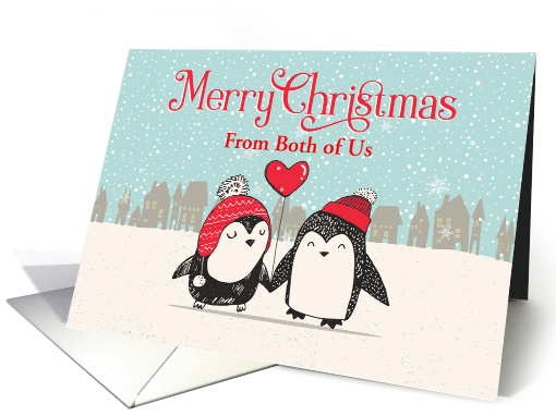 Custom Snowy Christmas From Both of Us Penguins Heart Balloon card