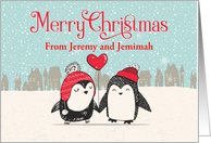 Custom Name Snowy Christmas Couple Penguins Holding a Heart Balloon card