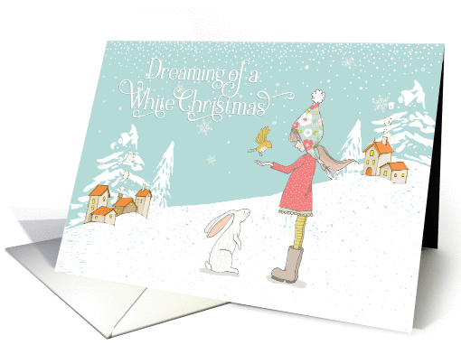 Snowy Christmas Scene Girl, Rabbit, Bird, Tiny Houses,... (1459680)