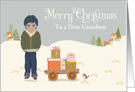 Custom For Grandson African American Boy on Snow with Gifts on Cart card
