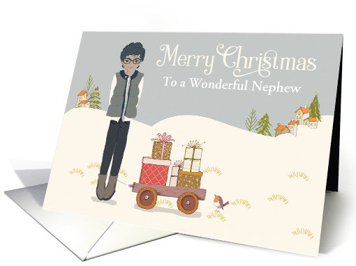 Custom For Nephew African American Boy on Snow with Gifts on Cart card
