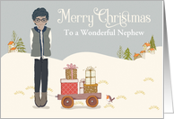 Custom For Nephew African American Boy on Snow with Gifts on Cart card