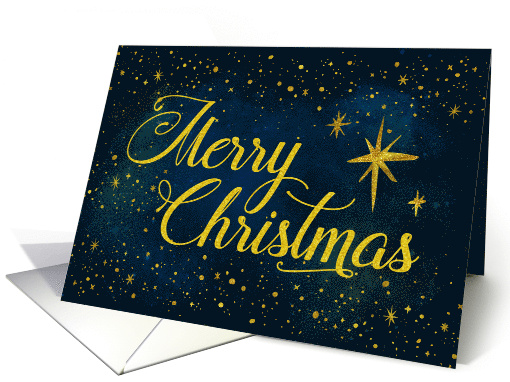 Glittery Gold Effect Merry Christmas, Stars on Night Sky card
